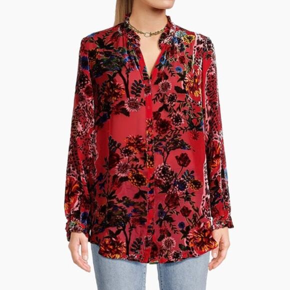 Johnny Was Yoella Floral Velvet Silk Burnout Shirt Red Bobcat Forest XS NWT - Picture 2 of 10